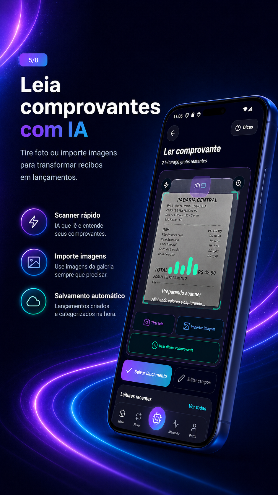 Leitura de comprovantes com IA no app Cresce+